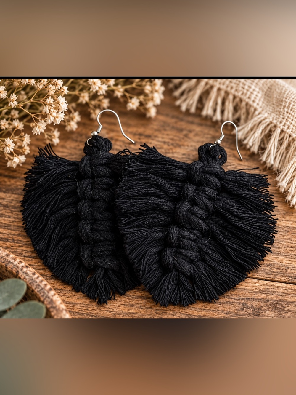 Black Macramé Fringe Statement Earrings Handmade 3”